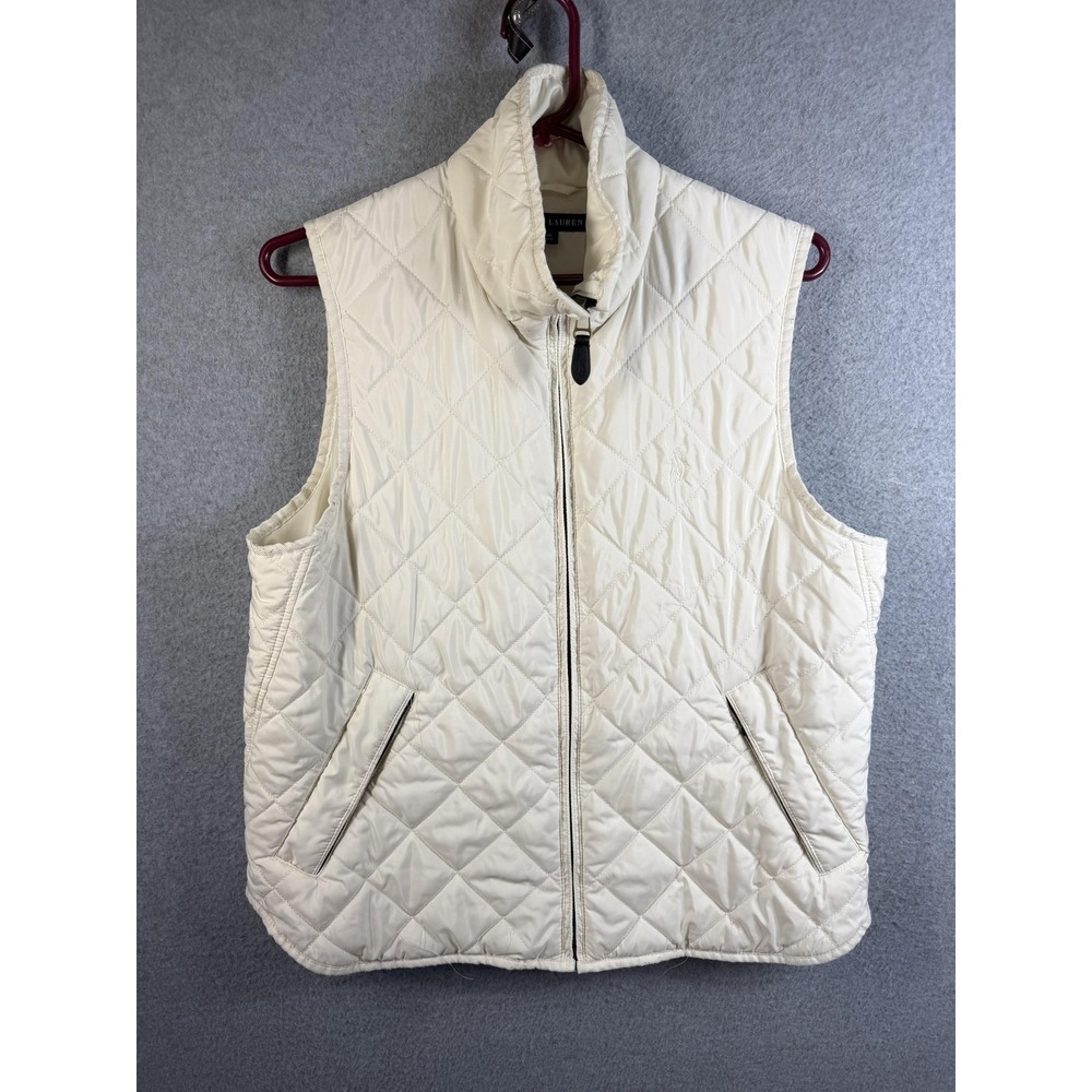 Ralph Lauren Vest Womens Large White Quilted Full Zip Padded Pockets Warm